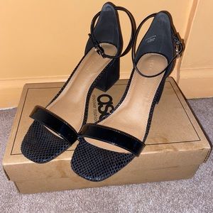 ASOS black suede sandals , snakeskin print